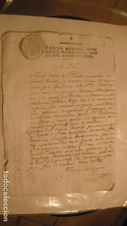 Manuscritos antigos: DOCUMENTO EN PAPEL TIMBRADO,SELLO CUARTO,40 MARAVEDIS,A&Ntilde;O 1800