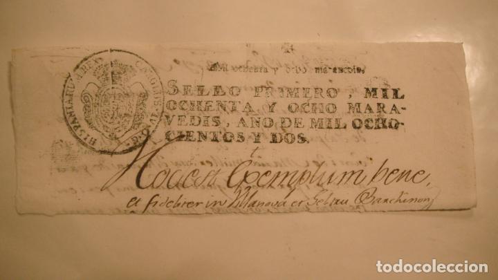 Manuscritos antigos: cabecera PAPEL TIMBRADO,SELLO PRIMERO 1808 MARAVEDIS,A&Ntilde;O 1802