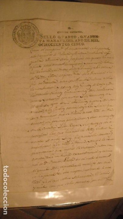 Manuscritos antiguos: DOCUMENTO EN PAPEL TIMBRADO,SELLO 4&ordm; 40 MARAVEDIS,A&Ntilde;O 1805 - Foto 1