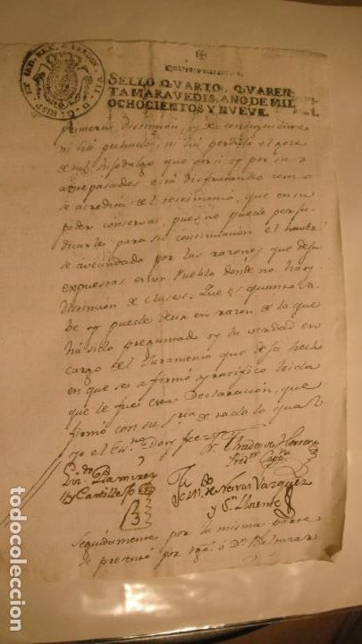 Manuscritos antigos: DOCUMENTO PAPEL TIMBRADO,SELLO 4&ordm; 40 MARAVEDIS A&Ntilde;O 1809