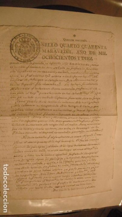 Manuscritos antiguos: DOCUMENTO PAPEL TIMBRADO,SELLO 4&ordm; 40 MARAVEDIS A&Ntilde;O 1810 - Foto 1