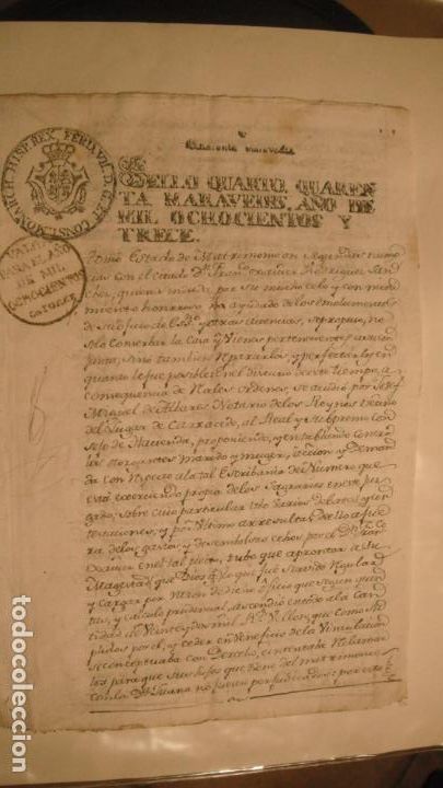 Manuscritos antigos: DOCUMENTO PAPEL TIMBRADO,SELLO 4&ordm; 40 MARAVEDIS A&Ntilde;O 1813 habilitado para 1814