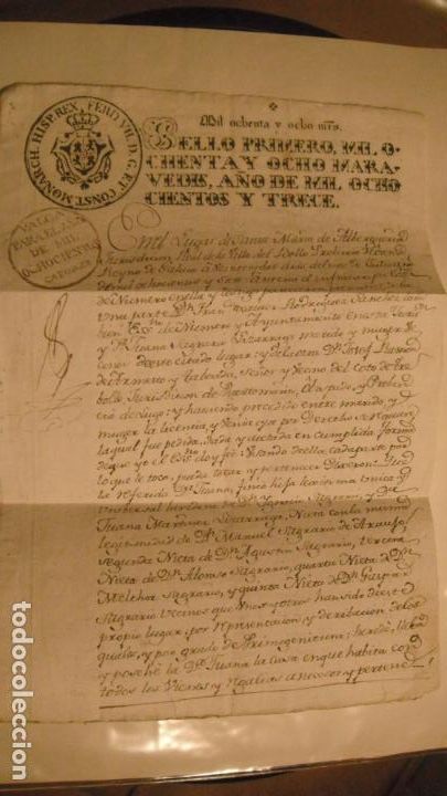 Manuscritos antigos: DOCUMENTO PAPEL TIMBRADO,SELLO 1&ordm; 1088 MARAVEDIS A&Ntilde;O 1813 habilitado para 1814