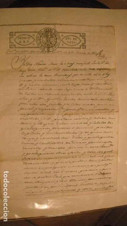 Manuscritos antigos: DOCUMENTO PAPEL TIMBRADO,SELLO 2&ordm; 8 R. V. A&Ntilde;O 1820