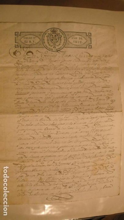 Manuscritos antigos: DOCUMENTO PAPEL TIMBRADO,SELLO 1&ordm; 32 reales de vellon . A&Ntilde;O 1822 sello en seco