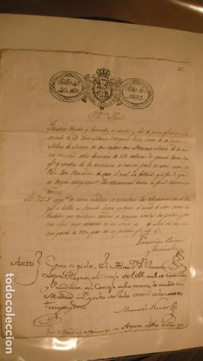 Manuscritos antiguos: DOCUMENTO PAPEL TIMBRADO,SELLO 4&ordm; 40 MARAVEDIS. A&Ntilde;O 1832 - Foto 1
