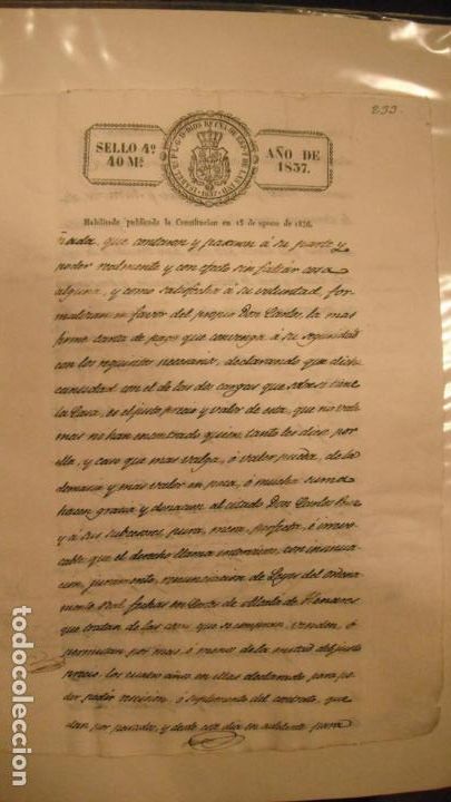 Alte Manuskripte: DOCUMENTO PAPEL TIMBRADO SELLO 4&ordm; 40 MARAVEDIS A&Ntilde;O DE 1837,HABILITADA CONSTITUCION 1836, SELLOS EN S