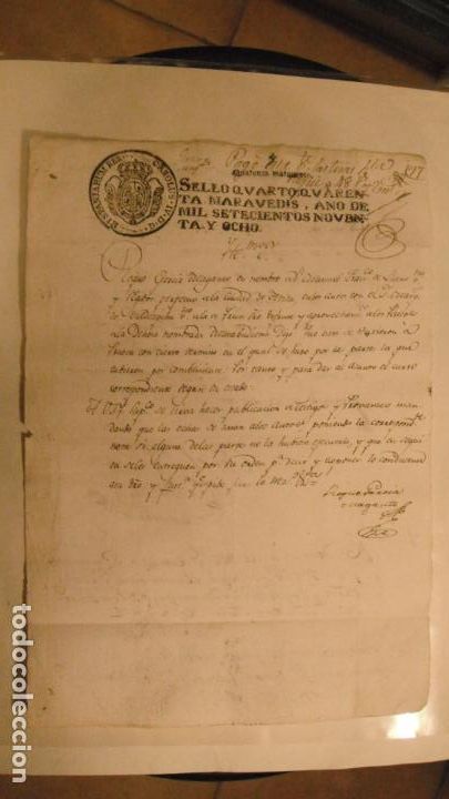 Manuscritos antiguos: DOCUMENTO PAPEL TIMBRADO SELLO 4&ordm; 40 MARAVEDIS A&Ntilde;O DE 1798