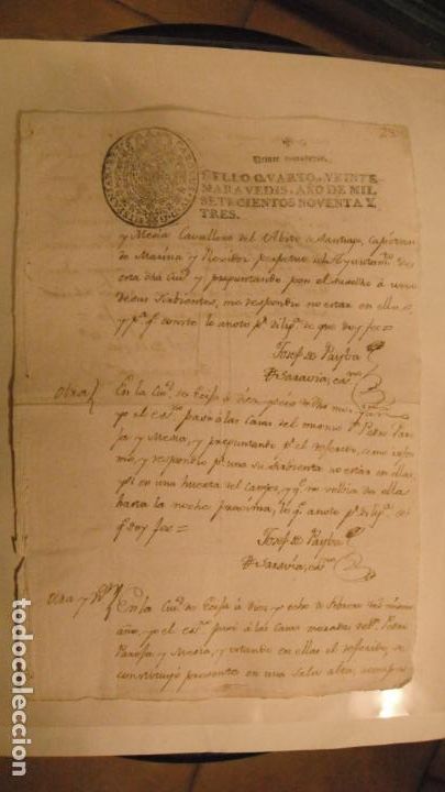 Manuscritos antiguos: DOCUMENTO PAPEL TIMBRADO SELLO 4&ordm;, 20 MARAVEDIS ,A&Ntilde;O DE 1793 - Foto 1