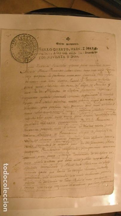Manuscritos antiguos: DOCUMENTO PAPEL TIMBRADO SELLO 4&ordm;, 20 MARAVEDIS ,A&Ntilde;O DE 1792 - Foto 1