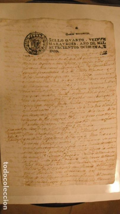 Manuscritos antiguos: DOCUMENTO PAPEL TIMBRADO SELLO 4&ordm; 20 MARAVEDIS A&Ntilde;O DE 1782 - Foto 1