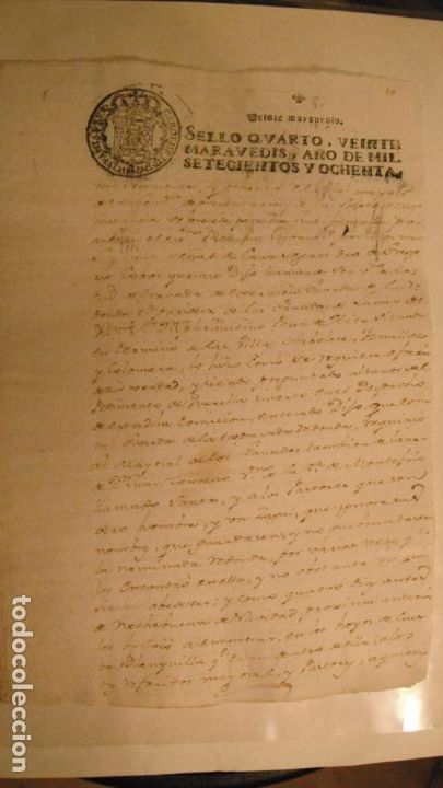 Manuscritos antiguos: DOCUMENTO PAPEL TIMBRADO SELLO 4&ordm; 20 MARAVEDIS A&Ntilde;O DE 1780 - Foto 1
