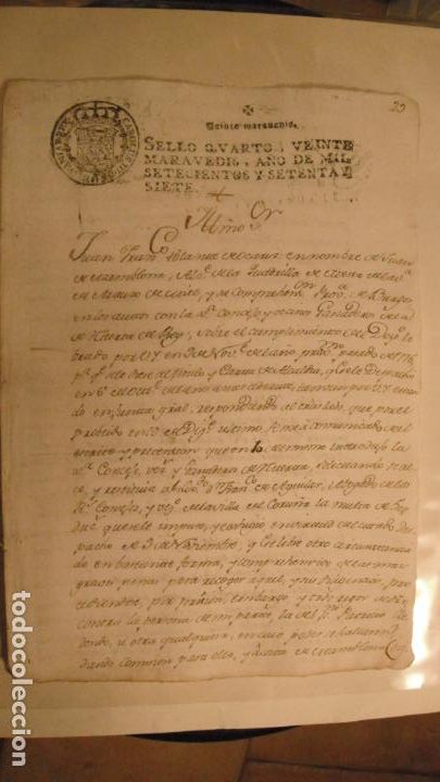 Manuscritos antiguos: DOCUMENTO PAPEL TIMBRADO SELLO 4&ordm; 20 MARAVEDIS A&Ntilde;O DE 1777 - Foto 1