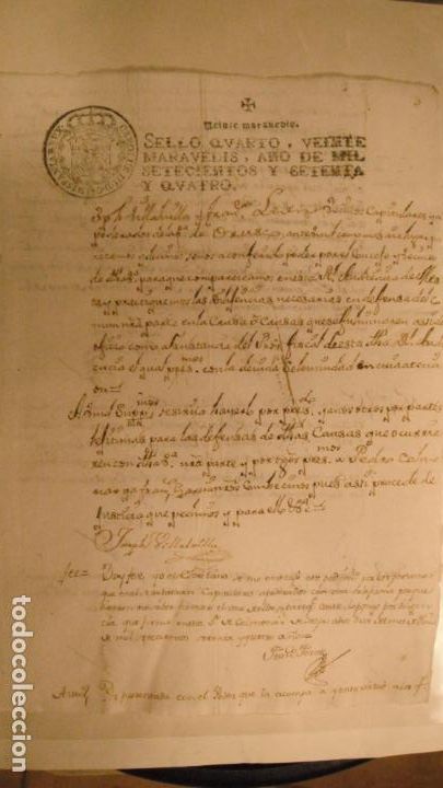 Manuscritos antiguos: DOCUMENTO PAPEL TIMBRADO SELLO 4&ordm; 20 MARAVEDIS A&Ntilde;O DE 1774 - Foto 1