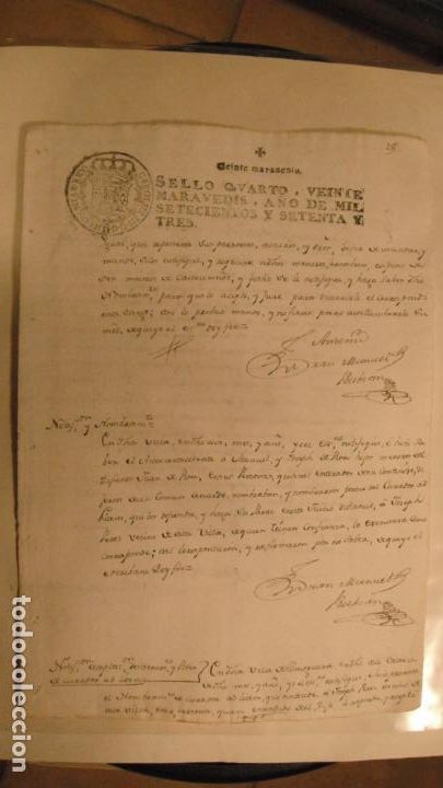 Manuscritos antiguos: DOCUMENTO PAPEL TIMBRADO SELLO 4&ordm; 20 MARAVEDIS A&Ntilde;O DE 1773 - Foto 1