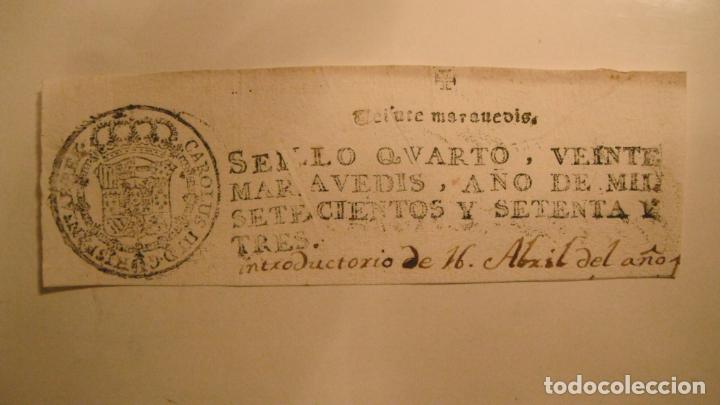 Manuscritos antiguos: CABECERA PAPEL TIMBRADO SELLO 4&ordm; 20 MARAVEDIS A&Ntilde;O DE 1773 - Foto 1