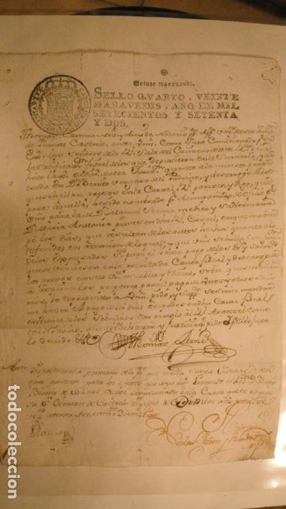 Manuscritos antiguos: DOCUMENTO PAPEL TIMBRADO SELLO 4&ordm; 20 MARAVEDIS A&Ntilde;O DE 1772 - Foto 1