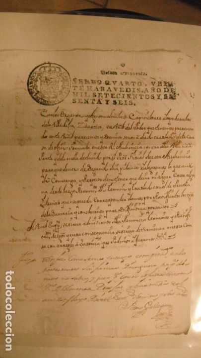 Manuscritos antiguos: DOCUMENTO PAPEL TIMBRADO SELLO 4&ordm; 20 MARAVEDIS A&Ntilde;O DE 1766 - Foto 1