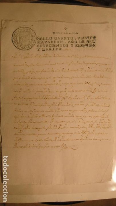 Manuscritos antiguos: DOCUMENTO PAPEL TIMBRADO SELLO 4&ordm; 20 MARAVEDIS,A&Ntilde;O DE 1774 - Foto 1