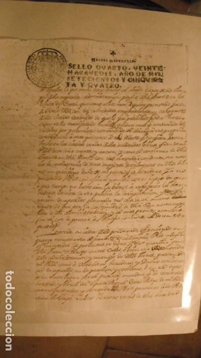 Manuscritos antiguos: DOCUMENTO PAPEL TIMBRADO SELLO 4&ordm; 20 MARAVEDIS,A&Ntilde;O DE 1754 - Foto 1