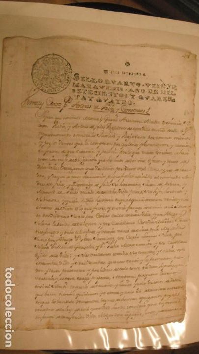 Manuscritos antiguos: DOCUMENTO PAPEL TIMBRADO SELLO 4&ordm; 20 MARAVEDIS,A&Ntilde;O DE 1744 - Foto 1