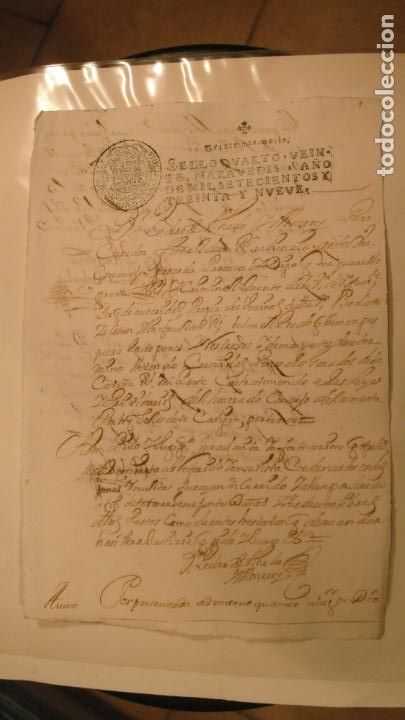 Manuscritos antiguos: DOCUMENTO PAPEL TIMBRADO SELLO 4&ordm; 20 MARAVEDIS A&Ntilde;O DE 1739 - Foto 1