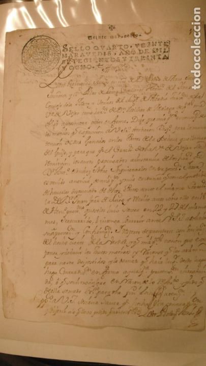 Manuscritos antiguos: DOCUMENTO PAPEL TIMBRADO SELLO 4&ordm; 20 MARAVEDIS A&Ntilde;O DE 1738 - Foto 1