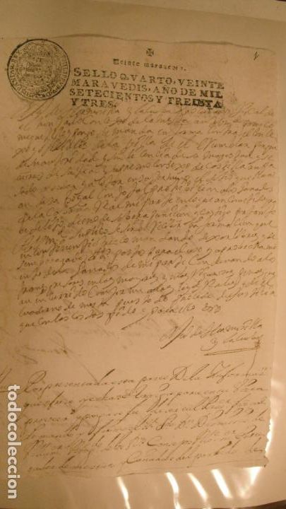 Manuscritos antiguos: DOCUMENTO PAPEL TIMBRADO SELLO 4&ordm; 20 MARAVEDIS A&Ntilde;O DE 1733 - Foto 1