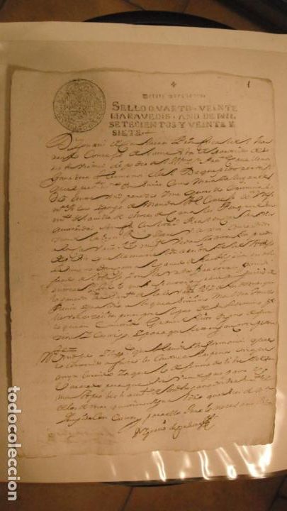 Manuscritos antiguos: DOCUMENTO PAPEL TIMBRADO SELLO 4&ordm; 20 MARAVEDIS A&Ntilde;O DE 1727 - Foto 1