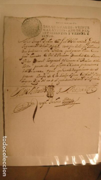 Manuscritos antiguos: DOCUMENTO PAPEL TIMBRADO SELLO 4&ordm; 20 MARAVEDIS A&Ntilde;O DE 1725 - Foto 1