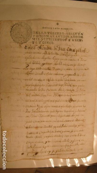 Manuscritos antiguos: DOCUMENTO PAPEL TIMBRADO SELLO 3&ordm; 68 MARAVEDIS A&Ntilde;O DE 1725 - Foto 1