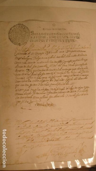 Manuscritos antiguos: DOCUMENTO PAPEL TIMBRADO SELLO 4&ordm; 20 MARAVEDIS A&Ntilde;O DE 1723 - Foto 1