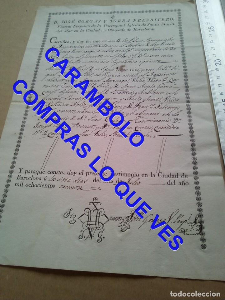 Manuscritos antiguos: 1830 SANTA MARIA DEL MAR JOSE GORGAS Y TORRA MANUSCRITO PARTIDA MATRIMONIO LM2