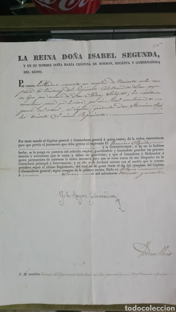 Ancient Manuscripts: NOBRAMIENTO1839.ACCENSO A CAPITAN FIRMADO MARIA CRISTINA COMO REINA GOBERNADORA