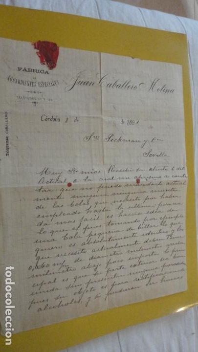 Ancient Manuscripts: ANTIGUA CARTA.CERAMICA PICKMAN CIA.SEVILLA-JUAN CABALLERO MOLINA.FABRICA AGUARDIENTES.CORDOBA 1891.