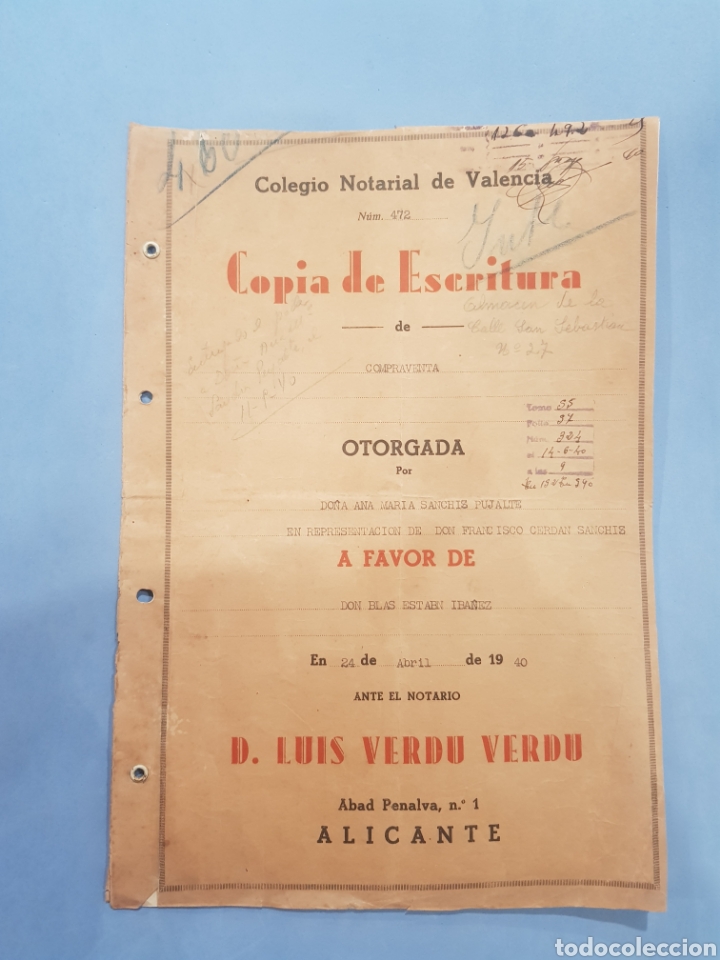 Manuscrits anciens: Escritura Alicante,Villena ,a&ntilde;o 1940