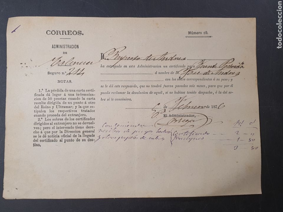 Ancient Manuscripts: CERTIFICADO DE CORREOS 1876 DE VALENCIA A FUENTE PODRIDA
