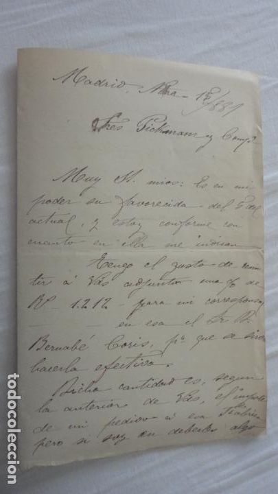 Ancient Manuscripts: ANTIGUA CARTA PEDIDOS.CERAMICA PICKMAN CIA.SEVILLA-MANUEL A.DE COLADA.MADRID 1881