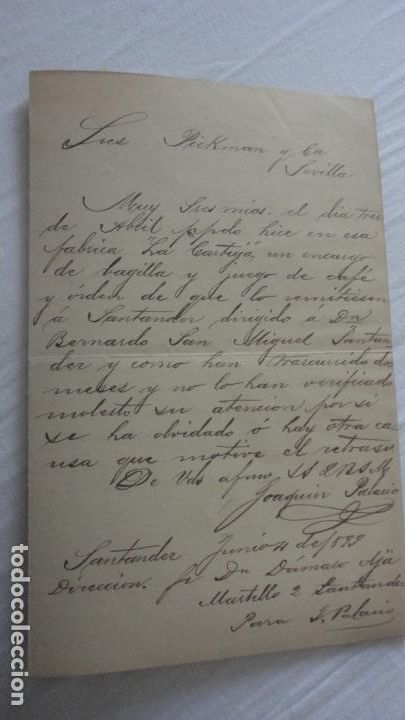 Manuscrits anciens: ANTIGUA CARTA PEDIDOS.CERAMICA PICKMAN CIA.SEVILLA-JOAQUIN PALACIO.SANTANDER 1899