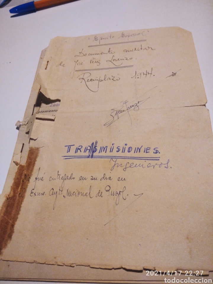 Manuscritos antiguos: Ej&eacute;rcito Espa&ntilde;ol reemplazo 1944,Puzol - Foto 1