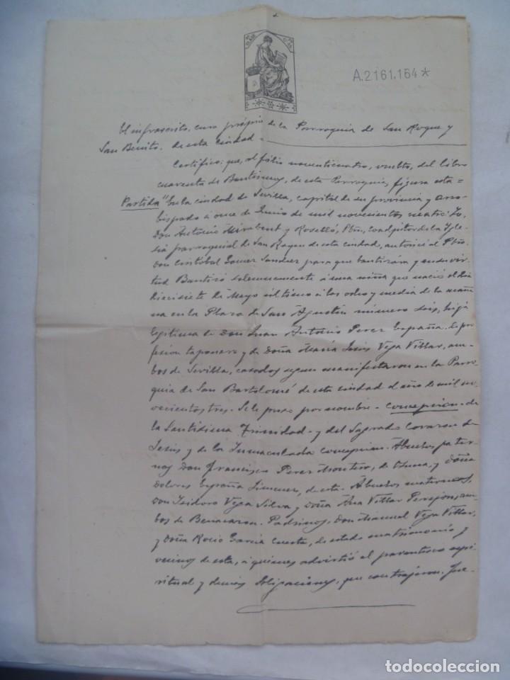 Alte Manuskripte: PARROQUIA SAN ROQUE Y SAN BENITO: CERTIFICADO DE BAUTISMO. SEVILLA, 1929. MANUSCRITO