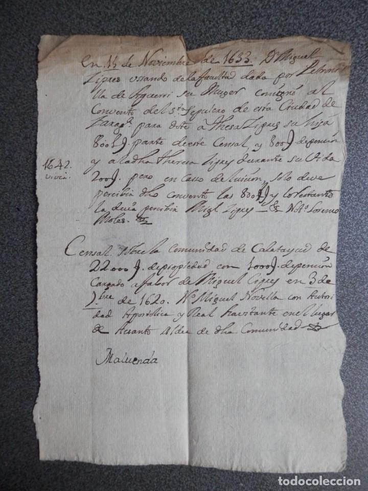 MANUSCRITO AÑO 1642 ZARAGOZA DONACIÓN CONVENTO STO SEPULCRO, CENSAL DE MALUENDA CALATAYUD (Coleccionismo - Documentos - Manuscritos)