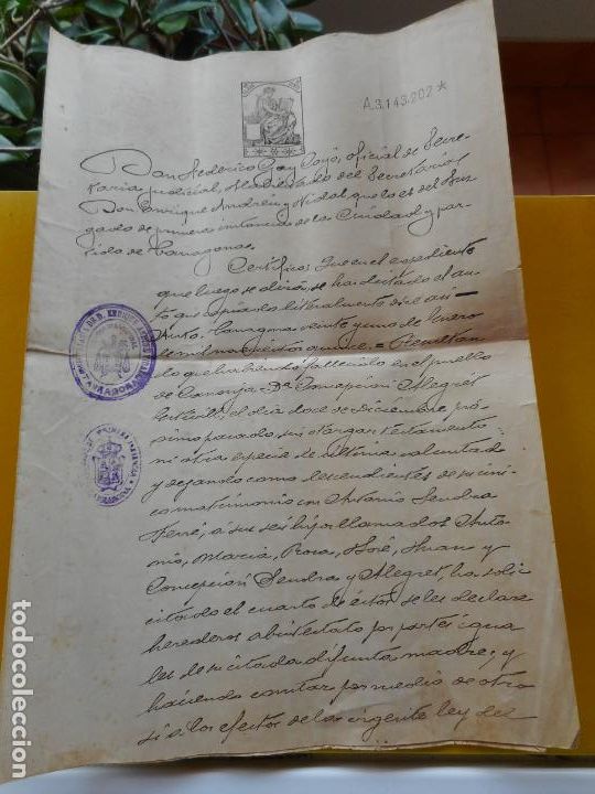 Alte Manuskripte: ANTIGUA ESCRITURA.REPARTICION HERENCIA.D&ordf; CONCEPCION ALEGRET ESTIVIL.CANONJA TARRAGONA 1915