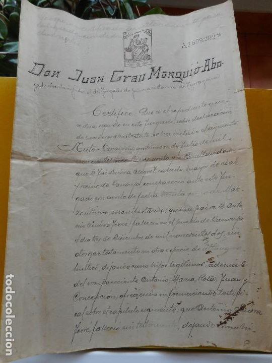 Alte Manuskripte: ANTIGUA ESCRITURA.CERTIFICADO DEFUNCION.HEREDEROS.JOSE SENDRA ALEGRET.LA CANONJA TARRAGONA 1913
