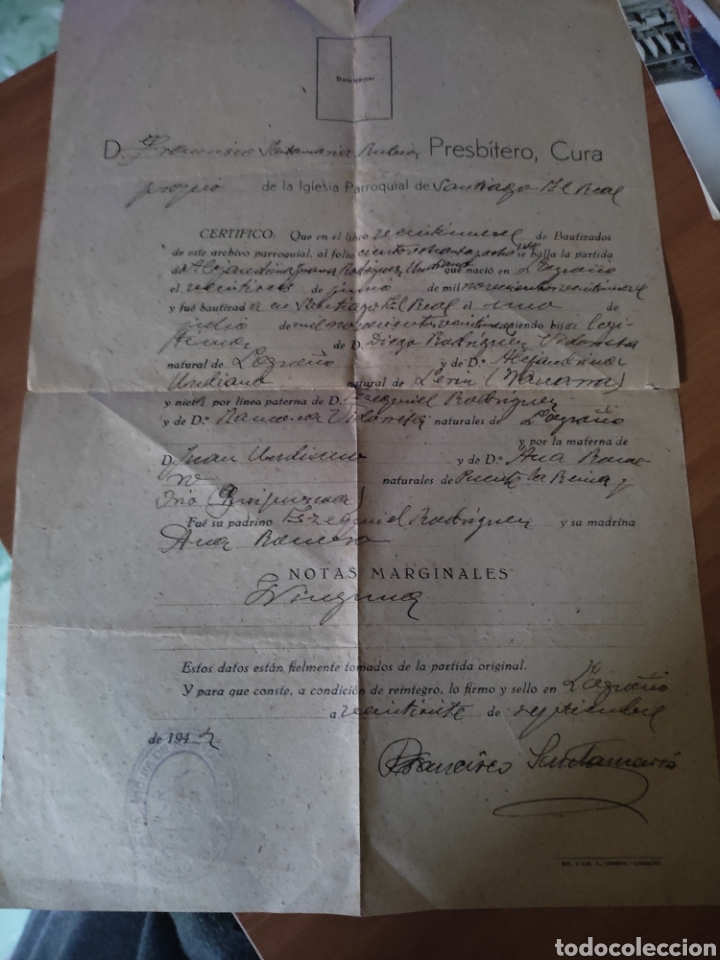 Manuscritos antigos: Certificado de bautismo de la iglesia Santiago la real 1942