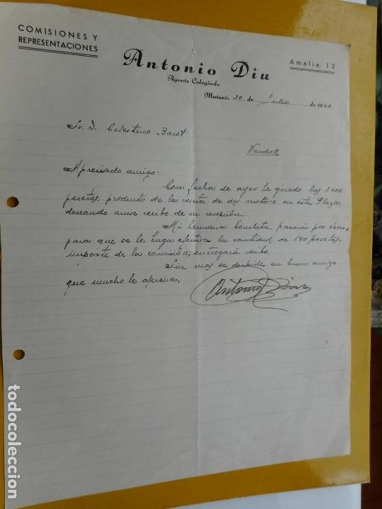 Alte Manuskripte: ANTIGUA CARTA.ANTONIO DIU.AGENTE COLEGIADO.COMISIONES Y REPRESENTACIONES.MATARO 1940