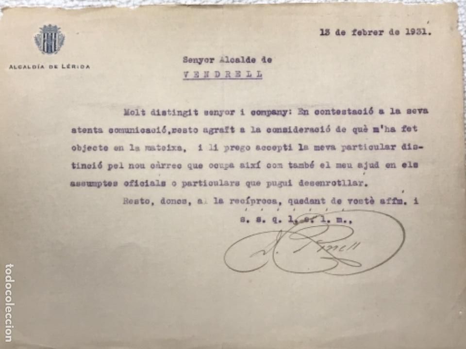 Manuscritos antigos: CARTA DE LA ALCALD&Iacute;A DE LLEIDA AL ALCALDE DEL VENDRELL 1931.
