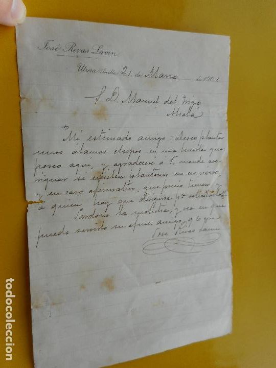 Manuscritos antigos: ANTIGUA CARTA.JOSE RIVAS LAVIN. UTRERA SEVILLA 1901.