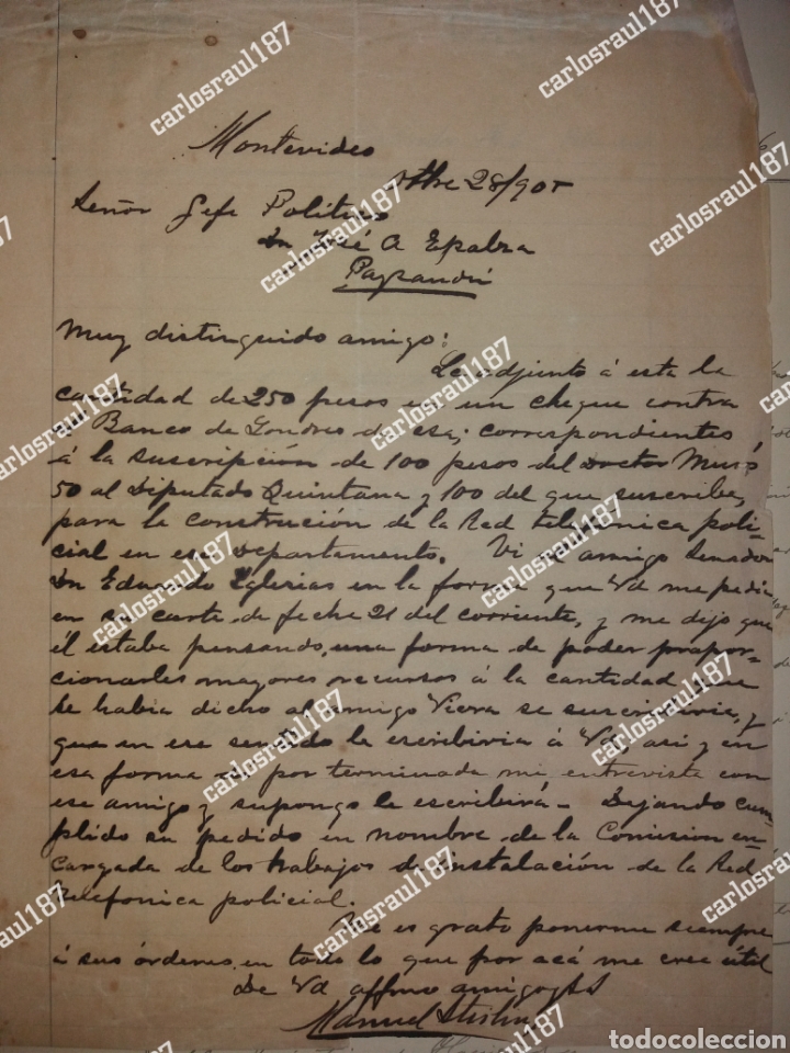 Alte Manuskripte: DOCUMENTO firmado por Manuel STIRLING suscripci&oacute;n en paysandu 1905