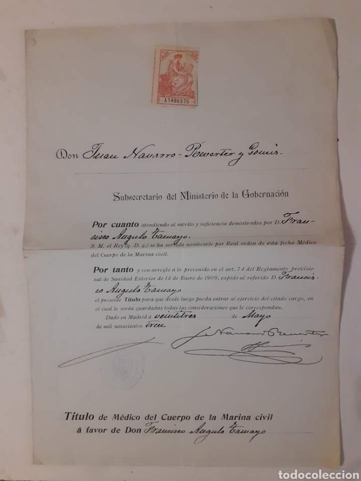 Alte Manuskripte: Nombramiento como m&eacute;dico de la Marina a nombre de Francisco Angulo Tamayo. 23-V-13